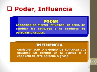 42
42
 Poder, Influencia
Capacidad de ejercer influencia; es decir, de
cambiar las actitudes o la conducta de
personas o grupos.
Cualquier acto o ejemplo de conducta que
ocasiona un cambio en la actitud o la
conducta de otra persona o grupo.
PODER
INFLUENCIA
 