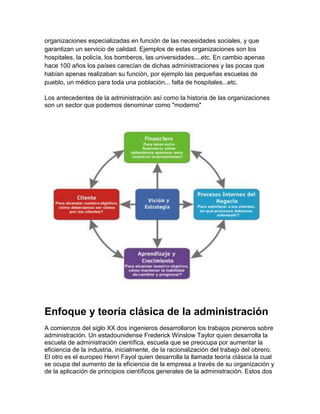 organizaciones especializadas en función de las necesidades sociales, y que
garantizan un servicio de calidad. Ejemplos de estas organizaciones son los
hospitales, la policía, los bomberos, las universidades....etc. En cambio apenas
hace 100 años los países carecían de dichas administraciones y las pocas que
habían apenas realizaban su función, por ejemplo las pequeñas escuelas de
pueblo, un médico para toda una población... falta de hospitales...etc.

Los antecedentes de la administración así como la historia de las organizaciones
son un sector que podemos denominar como "moderno"




Enfoque y teoría clásica de la administración
A comienzos del siglo XX dos ingenieros desarrollaron los trabajos pioneros sobre
administración. Un estadounidense Frederick Winslow Taylor quien desarrolla la
escuela de administración científica, escuela que se preocupa por aumentar la
eficiencia de la industria, inicialmente, de la racionalización del trabajo del obrero.
El otro es el europeo Henri Fayol quien desarrolla la llamada teoría clásica la cual
se ocupa del aumento de la eficiencia de la empresa a través de su organización y
de la aplicación de principios científicos generales de la administración. Estos dos
 
