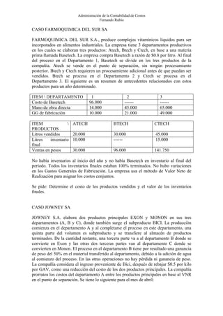 Administración de la Contabilidad de Costos
                                      Fernando Rubio

CASO FARMOQUIMICA DEL SUR SA

FARMOQUIMICA DEL SUR S.A., produce complejos vitamínicos líquidos para ser
incorporados en alimentos industriales. La empresa tiene 3 departamentos productivos
en los cuales se elaboran tres productos: Atech, Btech y Ctech, en base a una materia
prima llamada Basetech. La empresa compra Basetech a razón de $0.8 por litro. Al final
del proceso en el Departamento 1, Basetech se divide en los tres productos de la
compañía. Atech se vende en el punto de separación, sin ningún procesamiento
posterior. Btech y Ctech requieren un procesamiento adicional antes de que puedan ser
vendidos. Btech se procesa en el Departamento 2 y Ctech se procesa en el
Departamento 3. El siguiente es un resumen de antecedentes relacionados con estos
productos para un año determinado.

ITEM  DEPARTAMENTO              1                     2                 3
Costo de Basetech               96.000                ------             ------
Mano de obra directa            14.000                45.000             65.000
GG de fabricación               10.000                21.000             49.000

ITEM                  ATECH                   BTECH                   CTECH
PRODUCTOS
Litros vendidos        20.000                  30.000                  45.000
Litros    inventario   10.000                  ------                  15.000
final
Ventas en pesos        30.000                  96.000                  141.750

No había inventarios al inicio del año y no había Basetech en inventario al final del
periodo. Todos los inventarios finales estaban 100% terminados. No hubo variaciones
en los Gastos Generales de Fabricación. La empresa usa el método de Valor Neto de
Realización para asignar los costos conjuntos.

Se pide: Determine el costo de los productos vendidos y el valor de los inventarios
finales.


CASO JOWNEY SA

JOWNEY S.A. elabora dos productos principales EXON y MONON en sus tres
departamentos (A, B y C), donde también surge el subproducto BICI. La producción
comienza en el departamento A y al completarse el proceso en este departamento, una
quinta parte del volumen es subproducto y se transfiere al almacén de productos
terminados. De la cantidad restante, una tercera parte va a al departamento B donde se
convierte en Exon y las otras dos terceras partes van al departamento C donde se
convierten en Monon. El proceso en el departamento B tiene por resultado una ganancia
de peso del 50% en el material transferido al departamento, debido a la adición de agua
al comienzo del proceso. En las otras operaciones no hay pérdida ni ganancia de peso.
La compañía considera el ingreso proveniente de Bici, después de rebajar $0.5 por kilo
por GAV, como una reducción del costo de los dos productos principales. La compañía
prorratea los costos del departamento A entre los productos principales en base al VNR
en el punto de separación. Se tiene lo siguiente para el mes de abril:
 