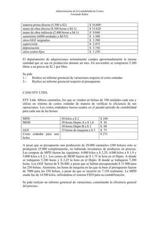 Administración de la Contabilidad de Costos
                                      Fernando Rubio



materia prima directa (5.300 a $2)                     $ 10.600
mano de obra directa (8.200 horas a $4.1)              $ 33.620
mano de obra indirecta (2.400 horas a $4.1)            $ 9.840
suministro (6000 unidades a $0.55)                     $ 3.300
otros GGF asignados                                    $ 3.200
supervisión                                            $ 2.475
depreciación                                           $ 3.750
otros costos fijos                                     $ 1.250

El departamento de adquisiciones normalmente compra aproximadamente la misma
cantidad que se usa en producción durante un mes. En noviembre se compraron 5.200
libras a un precio de $2.1 por libra.

Se pide
1.-    Realice un informe gerencial de variaciones respecto al costo estándar.
2.-    Realice un informe gerencial respecto al presupuesto.


CASO STV LTDA

STV Ltda. fabrica caramelos, los que se venden en bolsas de 100 unidades cada una y
utiliza un sistema de costos estándar de manera de verificar la eficiencia de sus
operaciones. Los costos estándares fueron usados en el pasado periodo de contabilidad
para cada una de las bolsas:

MPD                           50 kilos a $ 2                     $ 100
MOD                           20 horas Depto A a $ 1,8           $ 36
                              30 horas Depto B a $ 2             $ 60
GGF                           25 horas de maquina a $ 3          $ 75
Costo estándar para una                                          $ 271
bolsa

A pesar que se presupuesto una producción de 28.000 caramelos (280 bolsas) solo se
produjeron 25.000 completamente, no habiendo inventarios de productos en proceso.
Las compras de MPD fueron las siguientes: 6.000 kilos a $ 2,25; 4.000 kilos a $ 1,9 y
5.000 kilos a $ 2,1. Los costos de MOD fueron de $ 1,75 la hora en el Depto. A donde
se trabajaron 5.200 horas y $ 2,25 la hora en el Depto. B donde se trabajaron 7,200
horas. Los GGF fueron de $ 20.400, a pesar que se habían presupuestado $ 21.000 para
las 250 bolsas. Asimismo, las horas de maquina en las que se baso el presupuesto fueron
de 7000 para las 250 bolsas, a pesar de que se incurrió en 7.150 realmente. La MPD
usada fue de 14.500 kilos, utilizándose el sistema FIFO para su contabilización.

Se pide realizar un informe gerencial de variaciones, comentando la eficiencia general
del proceso.
 