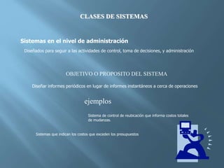 CLASES DE SISTEMAS
Sistemas en el nivel de administración
Diseñados para seguir a las actividades de control, toma de decisiones, y administración
OBJETIVO O PROPOSITO DEL SISTEMA
Diseñar informes periódicos en lugar de informes instantáneos a cerca de operaciones
ejemplos
Sistema de control de reubicación que informa costos totales
de mudanzas.
Sistemas que indican los costos que exceden los presupuestos
 