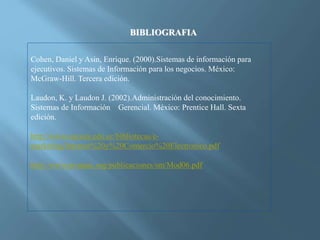 BIBLIOGRAFIA
Cohen, Daniel y Asin, Enrique. (2000).Sistemas de información para
ejecutivos. Sistemas de Información para los negocios. México:
McGraw-Hill. Tercera edición.
Laudon, K. y Laudon J. (2002).Administración del conocimiento.
Sistemas de Información Gerencial. México: Prentice Hall. Sexta
edición.
http://www.uazuay.edu.ec/bibliotecas/e-
marketing/Internet%20y%20Comercio%20Electronico.pdf
http://www.proapac.org/publicaciones/sm/Mod06.pdf
 