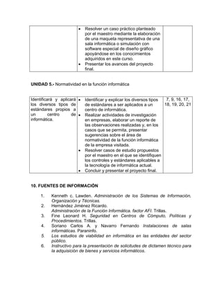 • Resolver un caso práctico planteado 
por el maestro mediante la elaboración 
de una maqueta representativa de una 
sala informática o simulación con 
software especial de diseño gráfico 
apoyándose en los conocimientos 
adquiridos en este curso. 
• Presentar los avances del proyecto 
final. 
UNIDAD 5.- Normatividad en la función informática 
Identificará y aplicará 
los diversos tipos de 
estándares propios a 
un centro de 
informática. 
• Identificar y explicar los diversos tipos 
de estándares a ser aplicados a un 
centro de informática. 
• Realizar actividades de investigación 
en empresas, elaborar un reporte de 
las observaciones realizadas y, en los 
casos que se permita, presentar 
sugerencias sobre el área de 
normatividad de la función informática 
de la empresa visitada. 
• Resolver casos de estudio propuestos 
por el maestro en el que se identifiquen 
los controles y estándares aplicables a 
la tecnología de informática actual. 
• Concluir y presentar el proyecto final. 
7, 9, 16, 17, 
18, 19, 20, 21 
10. FUENTES DE INFORMACIÓN 
1. Kenneth c. Lawden. Administración de los Sistemas de Información, 
Organización y Técnicas. 
2. Hernández Jiménez Ricardo. 
Administración de la Función Informática. factor AFI. Trillas. 
3. Fine Leonard H. Seguridad en Centros de Cómputo, Políticas y 
Procedimientos. Trillas. 
4. Soriano Carlos A. y Navarro Fernando Instalaciones de salas 
informáticas. Paraninfo. 
5. Los estudios de viabilidad en informática en las entidades del sector 
público. 
6. Instructivo para la presentación de solicitudes de dictamen técnico para 
la adquisición de bienes y servicios informáticos. 
 