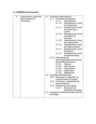 5.- TEMARIO (Continuación) 
2 Organización y dirección 
de los centros de 
informática. 
2.1 Estructura organizacional. 
2.1.1 Funciones del personal. 
2.1.1.1 Área directiva. 
2.1.1.2 Departamento o área 
de operaciones. 
2.1.1.3 Departamento o área 
de producción y 
control. 
2.1.1.4 Departamento o área 
de análisis de 
sistemas. 
2.1.1.5 Departamento o área 
de programación. 
2.1.1.6 Departamento o área 
de implementación. 
2.1.1.7 Departamento o área 
de soporte. 
2.1.1.8 Departamento o área 
de teleinformática. 
2.1.2 Delimitación de 
responsabilidades del personal 
de las diferentes áreas. 
2.1.2.1 Gerente. 
2.1.2.2 Jefe de área. 
2.1.2.3 Supervisores. 
2.1.2.4 Capturistas. 
2.1.2.5 Bibliotecario. 
2.2 Controles Administrativos. 
2.2.1 Elaboración y aplicación de 
procedimientos de trabajo. 
2.2.2 Formación y contratación de 
personal técnico. 
2.2.3 Compromisos de trabajo. 
2.2.3.1 Evaluación de 
peticiones de trabajo. 
2.3 Asignación equilibrada de las órdenes 
de trabajo. 
 