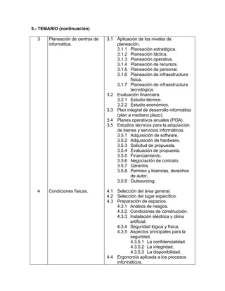 5.- TEMARIO (continuación) 
3 Planeación de centros de 
informática. 
3.1 Aplicación de los niveles de 
planeación. 
3.1.1 Planeación estratégica. 
3.1.2 Planeación táctica. 
3.1.3 Planeación operativa. 
3.1.4 Planeación de recursos. 
3.1.5 Planeación de personal. 
3.1.6 Planeación de infraestructura 
física. 
3.1.7 Planeación de infraestructura 
tecnológica. 
3.2 Evaluación financiera. 
3.2.1 Estudio técnico. 
3.2.2 Estudio económico. 
3.3 Plan integral de desarrollo informático 
(plan a mediano plazo). 
3.4 Planes operativos anuales (POA). 
3.5 Estudios técnicos para la adquisición 
de bienes y servicios informáticos. 
3.5.1 Adquisición de software. 
3.5.2 Adquisición de hardware. 
3.5.3 Solicitud de propuesta. 
3.5.4 Evaluación de propuesta. 
3.5.5 Financiamiento. 
3.5.6 Negociación de contrato. 
3.5.7 Garantía. 
3.5.8 Permiso y licencias, derechos 
de autor. 
3.5.9 Outsourcing. 
4 Condiciones físicas. 4.1 Selección del área general. 
4.2 Selección del lugar específico. 
4.3 Preparación de espacios. 
4.3.1 Análisis de riesgos. 
4.3.2 Condiciones de construcción. 
4.3.3 Instalación eléctrica y clima 
artificial. 
4.3.4 Seguridad lógica y física. 
4.3.5 Aspectos principales para la 
seguridad. 
4.3.5.1 La confidencialidad. 
4.3.5.2 La integridad. 
4.3.5.3 La disponibilidad. 
4.4 Ergonomía aplicada a los procesos 
informáticos. 
 
