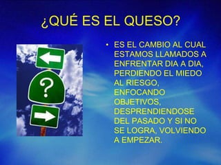 ¿QUÉ ES EL QUESO?
       • ES EL CAMBIO AL CUAL
         ESTAMOS LLAMADOS A
         ENFRENTAR DIA A DIA,
         PERDIENDO EL MIEDO
         AL RIESGO,
         ENFOCANDO
         OBJETIVOS,
         DESPRENDIENDOSE
         DEL PASADO Y SI NO
         SE LOGRA, VOLVIENDO
         A EMPEZAR.
 