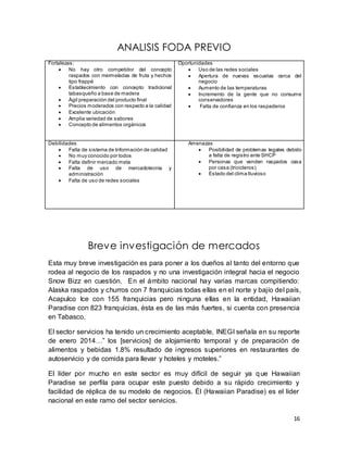 16 
ANALISIS FODA PREVIO 
Fortalezas: 
 No hay otro competidor del concepto 
raspados con mermeladas de fruta y hechos 
tipo frappé 
 Establecimiento con concepto tradicional 
tabasqueño a base de madera 
 Ágil preparación del producto final 
 Precios moderados con respecto a la calidad 
 Excelente ubicación 
 Amplia variedad de sabores 
 Concepto de alimentos orgánicos 
Oportunidades 
 Uso de las redes sociales 
 Apertura de nuevas escuelas cerca del 
negocio 
 Aumento de las temperaturas 
 Incremento de la gente que no consume 
conservadores 
 Falta de confianza en los raspaderos 
Debilidades 
 Falta de sistema de Información de calidad 
 No muy conocido por todos 
 Falta definir mercado meta 
 Falta de uso de mercadotecnia y 
administración 
 Falta de uso de redes sociales 
Amenazas 
 Posibilidad de problemas legales debido 
a falta de registro ante SHCP 
 Personas que venden raspados casa 
por casa (tricicleros) 
 Estado del clima lluvioso 
Breve investigación de mercados 
Esta muy breve investigación es para poner a los dueños al tanto del entorno que 
rodea al negocio de los raspados y no una investigación integral hacia el negocio 
Snow Bizz en cuestión. En el ámbito nacional hay varias marcas compitiendo: 
Alaska raspados y churros con 7 franquicias todas ellas en el norte y bajío del país, 
Acapulco Ice con 155 franquicias pero ninguna ellas en la entidad, Hawaiian 
Paradise con 823 franquicias, ésta es de las más fuertes, si cuenta con presencia 
en Tabasco. 
El sector servicios ha tenido un crecimiento aceptable, INEGI señala en su reporte 
de enero 2014…” los [servicios] de alojamiento temporal y de preparación de 
alimentos y bebidas 1.8% resultado de ingresos superiores en restaurantes de 
autoservicio y de comida para llevar y hoteles y moteles.” 
El líder por mucho en este sector es muy difícil de seguir ya que Hawaiian 
Paradise se perfila para ocupar este puesto debido a su rápido crecimiento y 
facilidad de réplica de su modelo de negocios. Él (Hawaiian Paradise) es el líder 
nacional en este ramo del sector servicios. 
 