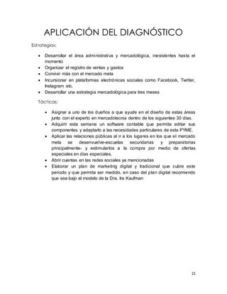 21 
APLICACIÓN DEL DIAGNÓSTICO 
Est rategias: 
 Desarrollar el área administrativa y mercadológica, inexistentes hasta el 
momento 
 Organizar el registro de ventas y gastos 
 Convivir más con el mercado meta 
 Incursionar en plataformas electrónicas sociales como Facebook, Twitter, 
Instagram etc. 
 Desarrollar una estrategia mercadológica para tres meses 
Táct icas: 
 Asignar a uno de los dueños a que ayude en el diseño de estas áreas 
junto con el experto en mercadotecnia dentro de los siguientes 30 días. 
 Adquirir esta semana un software contable que permita editar sus 
componentes y adaptarlo a las necesidades particulares de esta PYME. 
 Aplicar las relaciones públicas al ir a los lugares en los que el mercado 
meta se desenvuelve-escuelas secundarias y preparatorias 
principalmente- y estimularlos a la compra por medio de ofertas 
especiales en días especiales. 
 Abrir cuentas en las redes sociales ya mencionadas 
 Elaborar un plan de marketing digital y tradicional que cubre este 
periodo y que permita ser medido, en caso del plan digital recomiendo 
que sea bajo el modelo de la Dra. Ira Kaufman 
 