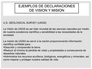 EJEMPLOS DE DECLARACIONES
                  DE VISION Y MISION


U.S. GEOLOGICAL SURVEY (USGS)

La Visión de USGS es ser líder mundial de las ciencias naturales por medio
de nuestra excelencia científica y sensibilidad a las necesidades de la
sociedad.

La misión de UGSG es servir a la nación proporcionando información
científica confiable para:
Describir y comprender la tierra.
Reducir al mínimo la pérdida de vidas y propiedades a consecuencia de
desastres naturales.
Administrar los recursos acuíferos, biológicos, energéticos y minerales, así
como mejorar y proteger nuestra calidad de vida.
 