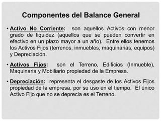 Componentes del Balance General
• Activo No Corriente: son aquellos Activos con menor
  grado de liquidez (aquellos que se pueden convertir en
  efectivo en un plazo mayor a un año). Entre ellos tenemos
  los Activos Fijos (terrenos, inmuebles, maquinarias, equipos)
  y Depreciación.
• Activos Fijos:     son el Terreno, Edificios (Inmueble),
  Maquinaria y Mobiliario propiedad de la Empresa.
• Depreciación: representa el desgaste de los Activos Fijos
  propiedad de la empresa, por su uso en el tiempo. El único
  Activo Fijo que no se deprecia es el Terreno.
 