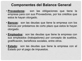 Componentes del Balance General
• Proveedores:      son las obligaciones que tiene la
  empresa para con sus Proveedores, por los créditos que
  estos le hayan otorgado.
• Bancos: son las deudas que tiene la empresa con los
  bancos por préstamos de corto plazo que estos le hayan
  otorgado.
• Empleados: son las deudas que tiene la empresa con
  sus empleados (trabajadores) por concepto de sueldos,
  gratificación, beneficios sociales, entre otros.
• Estado: son las deudas que tiene la empresa con el
  Estado por el pago de impuestos.
 