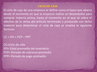 El ciclo de caja de una empresa se define como el lapso que abarca
desde el momento en que la empresa realiza un desembolso para
comprar materia prima, hasta el momento en el que se cobra el
efectivo de la venta del articulo terminado y producido con dicho
material para determinar el ciclo de caja se emplea la siguiente
formula:

CC = EPI + PCP – PPP

CC=Ciclo de vida
EPI= Edad promedio del inventario
PCP= Periodo de cobranza promedio
PPP= Periodo de pago promedio
 
