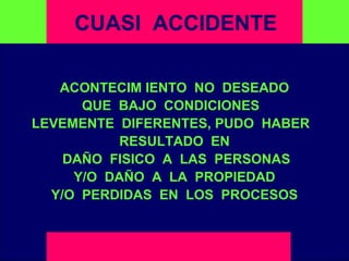 ACONTECIM IENTO NO DESEADO
QUE BAJO CONDICIONES
LEVEMENTE DIFERENTES, PUDO HABER
RESULTADO EN
DAÑO FISICO A LAS PERSONAS
Y/O DAÑO A LA PROPIEDAD
Y/O PERDIDAS EN LOS PROCESOS
E M P R E S ACUASI ACCIDENTE
 
