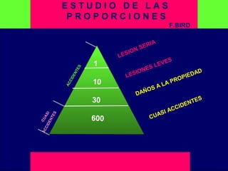 E M P R E S AE S T U D I O D E L A S
P R O P O R C I O N E S
F.BIRD
1
10
30
600
LESION SERIA
LESIONES LEVES
DAÑOS A LA PROPIEDAD
CUASI ACCIDENTES
ACCIDENTES
ACCIDENTES
CUASI
 