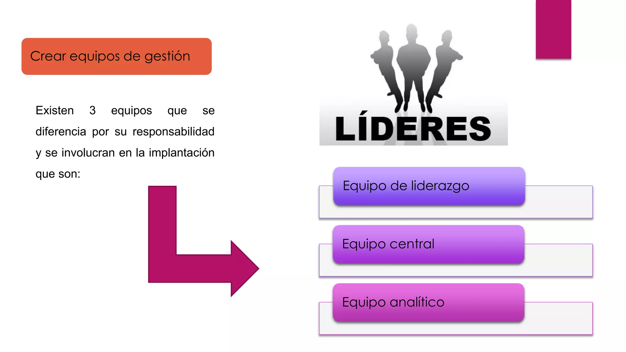 Crear equipos de gestión
Existen 3 equipos que se
diferencia por su responsabilidad
y se involucran en la implantación
que son:
Equipo de liderazgo
Equipo central
Equipo analítico
 