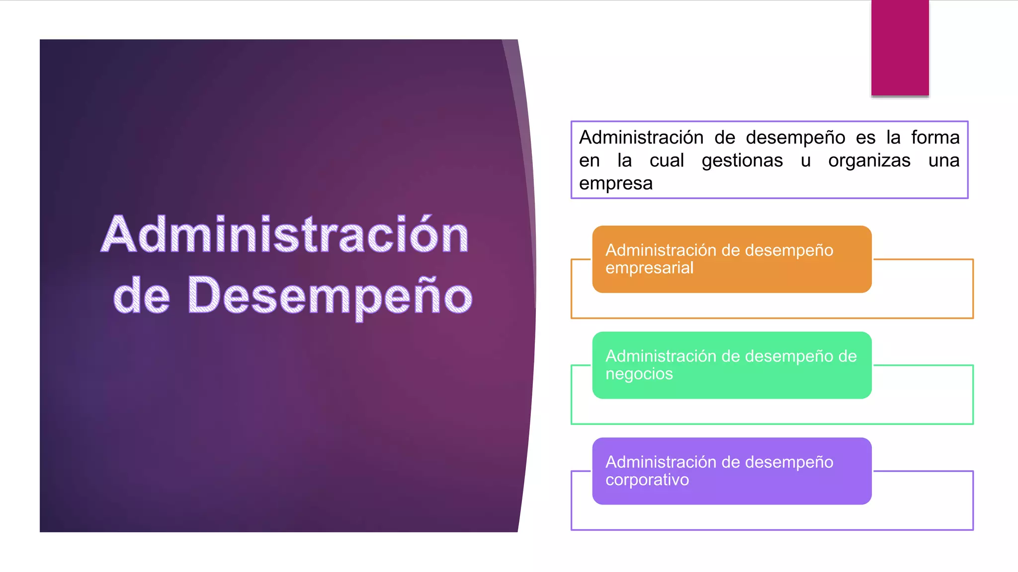 Administración de desempeño es la forma
en la cual gestionas u organizas una
empresa
Administración de desempeño
empresarial
Administración de desempeño de
negocios
Administración de desempeño
corporativo
 