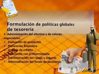 1.-Administración del efectivo y de valores
negociables.
2.- Evaluación de proyectos
3.- Planeación financiera
4.- Análisis de crédito.-.
5.- Relaciones con el inversionista
6.- Administración del riesgo y seguros
7.- Administración del fondo de pensiones
 