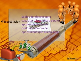 Especulación
Saldos de efectivo para
capacitar a la empresa para el
aprovechamiento de
cualquier compra de
oportunidad que pueda surgir.
 