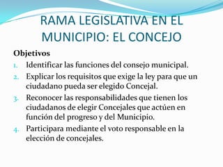 RAMA LEGISLATIVA EN EL
       MUNICIPIO: EL CONCEJO
Objetivos
1. Identificar las funciones del consejo municipal.
2. Explicar los requisitos que exige la ley para que un
   ciudadano pueda ser elegido Concejal.
3. Reconocer las responsabilidades que tienen los
   ciudadanos de elegir Concejales que actúen en
   función del progreso y del Municipio.
4. Participara mediante el voto responsable en la
   elección de concejales.
 