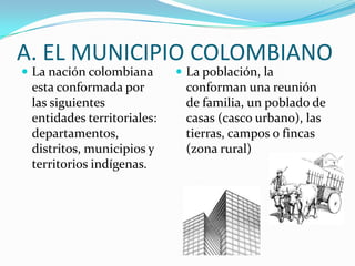 A. EL MUNICIPIO COLOMBIANO
 La nación colombiana       La población, la
 esta conformada por         conforman una reunión
 las siguientes              de familia, un poblado de
 entidades territoriales:    casas (casco urbano), las
 departamentos,              tierras, campos o fincas
 distritos, municipios y     (zona rural)
 territorios indígenas.
 