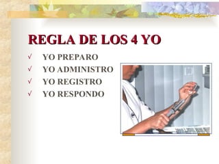 REGLA DE LOS 4 YO
REGLA DE LOS 4 YO
√ YO PREPARO
√ YO ADMINISTRO
√ YO REGISTRO
√ YO RESPONDO
 
