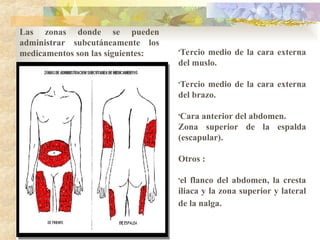 •Tercio medio de la cara externa
del muslo.
•Tercio medio de la cara externa
del brazo.
•Cara anterior del abdomen.
Zona superior de la espalda
(escapular).
Otros :
•el flanco del abdomen, la cresta
iliaca y la zona superior y lateral
de la nalga.
Las zonas donde se pueden
administrar subcutáneamente los
medicamentos son las siguientes:
 