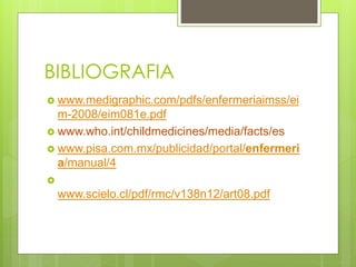BIBLIOGRAFIA
 www.medigraphic.com/pdfs/enfermeriaimss/ei
m-2008/eim081e.pdf
 www.who.int/childmedicines/media/facts/es
 www.pisa.com.mx/publicidad/portal/enfermeri
a/manual/4

www.scielo.cl/pdf/rmc/v138n12/art08.pdf
 