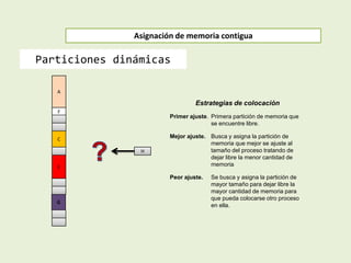 A
F
G
C
E
Asignación de memoria contigua
Particiones dinámicas
H
Estrategias de colocación
Primer ajuste. Primera partición de memoria que
se encuentre libre.
Mejor ajuste. Busca y asigna la partición de
memoria que mejor se ajuste al
tamaño del proceso tratando de
dejar libre la menor cantidad de
memoria
Peor ajuste. Se busca y asigna la partición de
mayor tamaño para dejar libre la
mayor cantidad de memoria para
que pueda colocarse otro proceso
en ella.
 