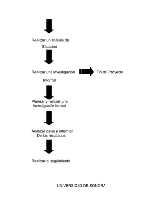 Realizar un análisis de
      Situación




Realizar una investigación        Fin del Proyecto

      Informal




Planear y realizar una
Investigación formal




Analizar datos e informar
  De los resultados




Realizar el seguimiento




                 UNIVERSIDAD DE SONORA
 