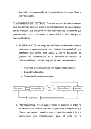 televisión, las computadoras, los antibióticos, los rayos láser y
       los video juegos.


3) MICROAMBIENTE EXTERNO. Tres factores ambientales externos,
pero que forman parte del sistema de mercadotecnia de una empresa,
son su mercado, sus proveedores y los intermediarios. A pesar de que
generalmente no son controlables, podemos influir en ellos más que en
los macrofactores.


   a. EL MERCADO. En los negocios definimos un mercado como las
      personas u organizaciones con deseos (necesidades) que
      satisfacer; con dinero para gastar y con la disposición de
      gastarlo. En consecuencia, en la demanda de mercado de
      determinado bien o servicio hay tres factores que considerar:


         • Personas u organizaciones con deseos (necesidades).
         • Su poder adquisitivo.
         • Su comportamiento de compra.




 Proveedores         Intermediarios     CI        Intermediarios      Mercado
                                        A



                Competencia


   b. PROVEEDORES. No se puede vender un producto si antes no
      se fabrica o se compra. Por ello las personas o empresas que
      ofrecen los bienes o servicios que no permiten producir lo que
      venderemos        son     indispensables   para   el    éxito   en   la
 