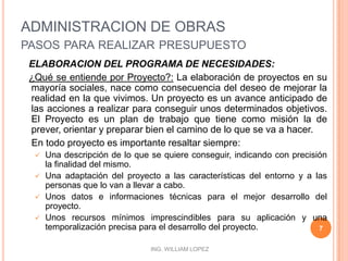 ADMINISTRACION DE OBRASpasos para realizar presupuesto   ELABORACION DEL PROGRAMA DE NECESIDADES:DIAGNOSTICO:En todo diagnóstico hay que contemplar:Las necesidades existentes.