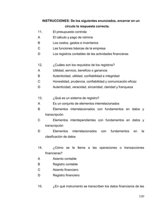 130
INSTRUCCIONES: De los siguientes enunciados, encerrar en un
círculo la respuesta correcta.
11. El presupuesto controla:
A El cálculo y pago de nómina
B Los costos, gastos e inventarios
C Las funciones básicas de la empresa
D Los registros contables de las actividades financieras
12. ¿Cuáles son los requisitos de los registros?
A Utilidad, servicio, beneficio o ganancia
B Autenticidad, utilidad, confiabilidad e integridad
C Honestidad, prudencia, confiabilidad y comunicación eficaz
D Autenticidad, veracidad, sinceridad, claridad y franqueza
13. ¿Qué es un sistema de registro?
A Es un conjunto de elementos interrelacionados
B Elementos interrelacionados con fundamentos en datos y
transcripción
C Elementos interdependientes con fundamentos en datos y
transcripción
D Elementos interrelacionados con fundamentos en la
clasificación de datos
14. ¿Cómo se le llama a las operaciones o transacciones
financieras?
A Asiento contable
B Registro contable
C Asiento financiero
D Registro financiero
15. ¿En qué instrumento se transcriben los datos financieros de las
 