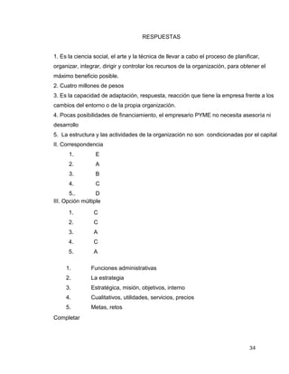 34
RESPUESTAS
1. Es la ciencia social, el arte y la técnica de llevar a cabo el proceso de planificar,
organizar, integrar, dirigir y controlar los recursos de la organización, para obtener el
máximo beneficio posible.
2. Cuatro millones de pesos
3. Es la capacidad de adaptación, respuesta, reacción que tiene la empresa frente a los
cambios del entorno o de la propia organización.
4. Pocas posibilidades de financiamiento, el empresario PYME no necesita asesoría ni
desarrollo
5. La estructura y las actividades de la organización no son condicionadas por el capital
II. Correspondencia
III. Opción múltiple
Completar
1. Funciones administrativas
2. La estrategia
3. Estratégica, misión, objetivos, interno
4. Cualitativos, utilidades, servicios, precios
5. Metas, retos
1. E
2. A
3. B
4. C
5.. D
1. C
2. C
3. A
4. C
5. A
 