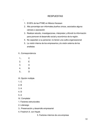 50
RESPUESTAS
:
1. El 85% de las PYME en México fracasan
2. Alto porcentaje son informales,dueños únicos, asociados alguna
cámara o asociación
3. Realizar estudio, investigaciones, interpretar y difundir la información
para pomover el desarrollo social y económico de la región.
4. No capacitan a su personal, no tienen una cultra organizacional
5. La visión interna de los empresarios y la visión externa de los
analistas
II.. Correspondencia
1.. C
2. E
3. A
4. B
5.. D
III. Opción múltiple
1. C
2. B
3. A
4. D
5. A
IV. Completar
1. Factores estructurales
2. Liderazgo
3.. Preservación y desarrollo empresarial
4. Friedrich A. von Hayek
5. Factores internos de una empresa
 