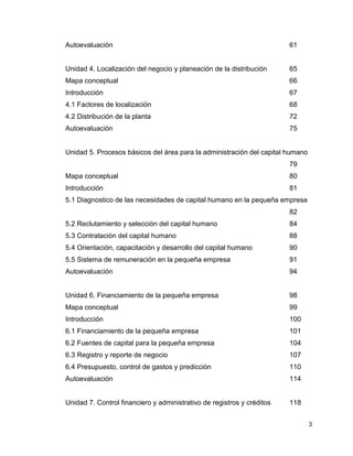 3
Autoevaluación 61
Unidad 4. Localización del negocio y planeación de la distribución 65
Mapa conceptual 66
Introducción 67
4.1 Factores de localización 68
4.2 Distribución de la planta 72
Autoevaluación 75
Unidad 5. Procesos básicos del área para la administración del capital humano
79
Mapa conceptual 80
Introducción 81
5.1 Diagnostico de las necesidades de capital humano en la pequeña empresa
82
5.2 Reclutamiento y selección del capital humano 84
5.3 Contratación del capital humano 88
5.4 Orientación, capacitación y desarrollo del capital humano 90
5.5 Sistema de remuneración en la pequeña empresa 91
Autoevaluación 94
Unidad 6. Financiamiento de la pequeña empresa 98
Mapa conceptual 99
Introducción 100
6.1 Financiamiento de la pequeña empresa 101
6.2 Fuentes de capital para la pequeña empresa 104
6.3 Registro y reporte de negocio 107
6.4 Presupuesto, control de gastos y predicción 110
Autoevaluación 114
Unidad 7. Control financiero y administrativo de registros y créditos 118
 
