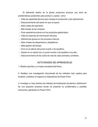 74
El deficiente diseño de la planta productiva provoca una serie de
problemáticas posteriores para producir y operar, como:
 Falta de capacidad técnica para manejar la producción y las operaciones.
 Desconocimiento del sector en que se opera.
 Altos costes de operación.
 Mal manejo de las compras.
 Poca experiencia previa con los productos gestionados.
 Falta de sistemas de información eficaces.
 Deficiencias graves en los procesos internos.
 Altos niveles de desperdicios y despilfarros.
 Mala gestión del tiempo.
 Error en el cálculo del punto muerto o de equilibrio.
 Operar en un sector con un punto muerto o de equilibrio muy alto.
 Desconocimiento de los ciclos de vida de cada actividad y similares.
ACTIVIDADES DE APRENDIZAJE
1. Realiza apuntes y un mapa conceptual del tema.
2. Realizar una investigación documental de los métodos más usados para
localizar y distribuir el negocio en diapositivas de Power Point.
3. Investiga un caso práctico de métodos de localización de planta o distribución
de una pequeña empresa donde se presente su problemática y posibles
soluciones, planteado en Power Point.
 