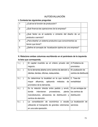 75
AUTOEVALUACIÓN
I. Contesta las siguientes preguntas
1 ¿Cuál es la función de producción?
2 ¿Qué financia las operaciones de la empresa?
3 ¿Qué factor es el sustento o cimiento del diseño de un
producto o servicio?
4 ¿Para diseñar un sistema productivo que conocimientos se
tienen que tener?
5 ¿Define el concepto de localización óptima de una empresa?
II. Relaciona ambas columnas escribiendo en el paréntesis de la izquierda
la letra que corresponda.
1. ( ) El capital invertido es el criterio privado del
negocio.
A Problema de
pronóstico
2. ( ) Es la demanda abierta como centros de atención a
clientes, tiendas, oficinas, restaurantes.
B Localización de
centros de distribución
3. ( ) Es determinar la localidad en la que recibirá
mayor afluencia, aplicando métodos de
pronóstico de la demanda.
C Tasa de
rentabilidad
4. ( ) Es la relación directa entre pedido y envió,
donde intervienen proveedores, planta
manufacturera, almacenes de distribución y
centros de atención.
D Las ventajas de
los centros de
distribución
5. ( ) La consolidación de económica a escala
utilizando el transporte de grandes volúmenes
en una sola operación.
La localización de
servicios
 