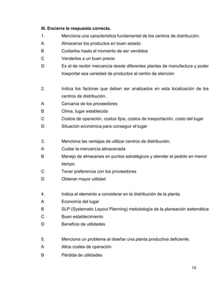 76
III. Encierra la respuesta correcta.
1. Menciona una característica fundamental de los centros de distribución.
A Almacenar los productos en buen estado
B Cuidarlos hasta el momento de ser vendidos
C Venderlos a un buen precio
D Es el de recibir mercancía desde diferentes plantas de manufactura y poder
trasportar esa variedad de productos al centro de atención
2. Indica los factores que deben ser analizados en esta localización de los
centros de distribución.
A Cercanía de los proveedores
B Clima, lugar establecido
C Costos de operación, costos fijos, costos de trasportación, costo del lugar
D Situación económica para conseguir el lugar
3. Menciona las ventajas de utilizar centros de distribución.
A Cuidar la mercancía almacenada
B Manejo de almacenes en puntos estratégicos y atender el pedido en menor
tiempo
C Tener preferencia con los proveedores
D Obtener mayor utilidad
4. Indica el elemento a considerar en la distribución de la planta.
A Economía del lugar
B SLP (Systematic Layout Planning) metodología de la planeación sistemática
C Buen establecimiento
D Beneficio de utilidades
5. Menciona un problema al diseñar una planta productiva deficiente.
A Altos costes de operación
B Pérdida de utilidades
 
