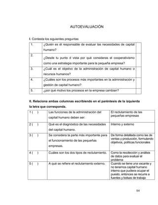 94
AUTOEVALUACIÓN
I. Contesta los siguientes preguntas
1. ¿Quién es él responsable de evaluar las necesidades de capital
humano?
2.
¿Desde tu punto d vista por qué consideras el cooperativismo
como una estrategia importante para la pequeña empresa?
3. ¿Cuál es el objetivo de la administración de capital humano o
recursos humanos?
4. ¿Cuáles son los procesos más importantes en la administración y
gestión de capital humano?
5. ¿por qué motivo los procesos en la empresa cambian?
II. Relaciona ambas columnas escribiendo en el paréntesis de la izquierda
la letra que corresponda.
1 ( ) Las funciones de la administración del
capital humano deben ser:
El reclutamiento de las
pequeñas empresas
2 ( ) Qué es el diagnóstico de las necesidades
del capital humano.
Interno y externo
3 ( ) Se considera la parte más importante para
el funcionamiento de las pequeñas
empresas.
De forma detallada como las de
ventas y producción, formulando
objetivos, políticas funcionales
4 ( ) Cuáles son los dos tipos de reclutamiento. Como la recolección y análisis
de datos para evaluar el
problema
5 ( ) A qué se refiere el reclutamiento externo. Cuando se tiene una vacante y
no tenemos capital humano
interno que pudiera ocupar el
puesto, entonces se recurre a
fuentes y bolsas de trabajo
 