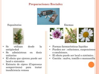 Supositorios                                  Enemas




• Se      utilizan    desde     la   • Formas farmacéuticas liquidas
  antigüedad                         • Pueden ser : soluciones, suspensiones
• Se administran en dosis              o emulsiones.
  unitarias                          • El efecto puede ser local o sistémico.
• El efecto que ejercen puede ser    • Cocción : malva, tomillo o manzanilla
  local o sistemico
• Extracto de cipres (Cupressus
  sempervirens)     para    tratar
  insuficiencia venosa
 