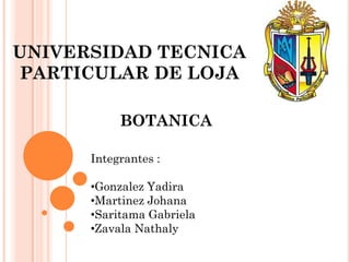 UNIVERSIDAD TECNICA
PARTICULAR DE LOJA

           BOTANICA

      Integrantes :

      •Gonzalez Yadira
      •Martinez Johana
      •Saritama Gabriela
      •Zavala Nathaly
 