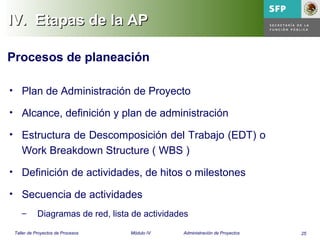 25Taller de Proyectos de Procesos Módulo IV Administración de Proyectos
IV.IV. Etapas de la APEtapas de la AP
Procesos de planeación
• Plan de Administración de Proyecto
• Alcance, definición y plan de administración
• Estructura de Descomposición del Trabajo (EDT) o
Work Breakdown Structure ( WBS )
• Definición de actividades, de hitos o milestones
• Secuencia de actividades
– Diagramas de red, lista de actividades
 