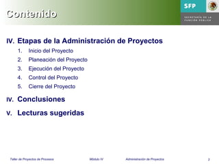3Taller de Proyectos de Procesos Módulo IV Administración de Proyectos
IV. Etapas de la Administración de Proyectos
1. Inicio del Proyecto
2. Planeación del Proyecto
3. Ejecución del Proyecto
4. Control del Proyecto
5. Cierre del Proyecto
IV. Conclusiones
V. Lecturas sugeridas
ContenidoContenido
 
