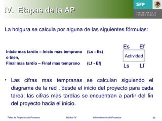 39Taller de Proyectos de Procesos Módulo IV Administración de Proyectos
IV.IV. Etapas de la APEtapas de la AP
• Las cifras mas tempranas se calculan siguiendo el
diagrama de la red , desde el inicio del proyecto para cada
tarea; las cifras mas tardías se encuentran a partir del fin
del proyecto hacia el inicio.
La holgura se calcula por alguna de las siguientes fórmulas:
Actividad
Es Ef
Ls Lf
Inicio mas tardío – Inicio mas temprano (Ls - Es)
o bien,
Final mas tardío – Final mas temprano (Lf - Ef)
 