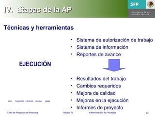 43Taller de Proyectos de Procesos Módulo IV Administración de Proyectos
IV.IV. Etapas de la APEtapas de la AP
INICIO PLANEACIÓN EJECUCIÓN CONTROL CIERREINICIO PLANEACIÓN EJECUCIÓN CONTROL CIERRE
Técnicas y herramientas
• Sistema de autorización de trabajo
• Sistema de información
• Reportes de avance
• Resultados del trabajo
• Cambios requeridos
• Mejora de calidad
• Mejoras en la ejecución
• Informes de proyecto
EJECUCIÓN
 