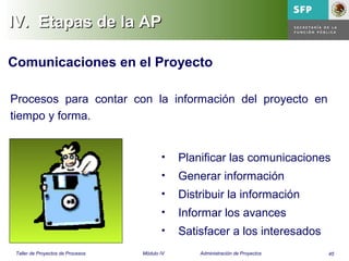 45Taller de Proyectos de Procesos Módulo IV Administración de Proyectos
IV.IV. Etapas de la APEtapas de la AP
Comunicaciones en el Proyecto
Procesos para contar con la información del proyecto en
tiempo y forma.
• Planificar las comunicaciones
• Generar información
• Distribuir la información
• Informar los avances
• Satisfacer a los interesados
 