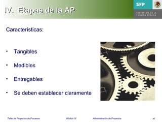47Taller de Proyectos de Procesos Módulo IV Administración de Proyectos
IV.IV. Etapas de la APEtapas de la AP
Características:
• Tangibles
• Medibles
• Entregables
• Se deben establecer claramente
 