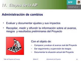 53Taller de Proyectos de Procesos Módulo IV Administración de Proyectos
IV.IV. Etapas de la APEtapas de la AP
Administración de cambios
• Evaluar y documentar ajustes y sus impactos
• Recopilar, medir y difundir la información sobre el avance,
riesgos y resultados preliminares del Proyecto
Con el objeto de:
– Comparar y evaluar el avance real del Proyecto
– Dar seguimiento y supervisión de riesgos
– Documentar la situación actual del Proyecto
 