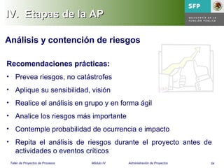54Taller de Proyectos de Procesos Módulo IV Administración de Proyectos
IV.IV. Etapas de la APEtapas de la AP
Análisis y contención de riesgos
Recomendaciones prácticas:
• Prevea riesgos, no catástrofes
• Aplique su sensibilidad, visión
• Realice el análisis en grupo y en forma ágil
• Analice los riesgos más importante
• Contemple probabilidad de ocurrencia e impacto
• Repita el análisis de riesgos durante el proyecto antes de
actividades o eventos críticos
 