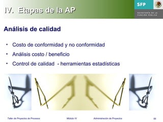 56Taller de Proyectos de Procesos Módulo IV Administración de Proyectos
IV.IV. Etapas de la APEtapas de la AP
Análisis de calidad
• Costo de conformidad y no conformidad
• Análisis costo / beneficio
• Control de calidad - herramientas estadísticas
 
